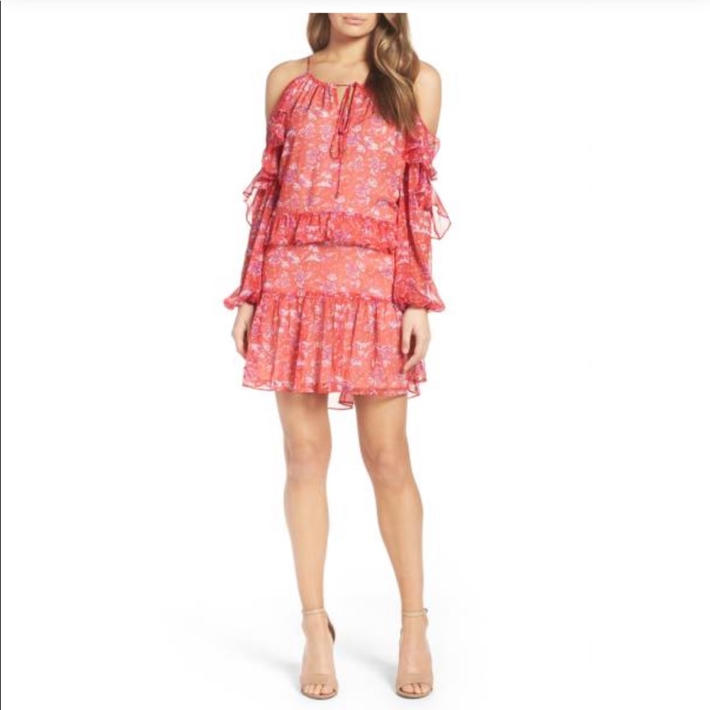 Cold shoulder dress, beautiful red/orange floral
